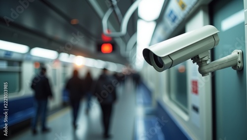 Modern security surveillance camera mounted inside a public subway train passenger carriage