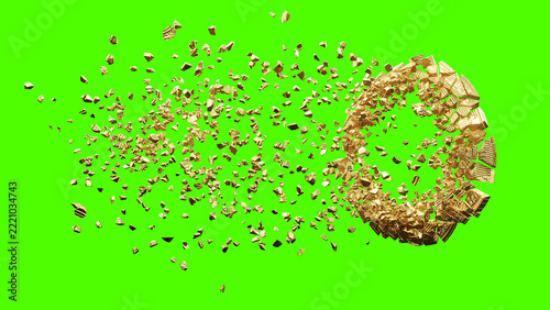 Golden Bitcoin Coin Slowly Disintegrating into Tiny Particles on Green Screen. 3 rendering.