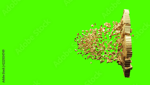 Golden Bitcoin Coin Slowly Disintegrating into Tiny Particles on Green Screen. 3 rendering.