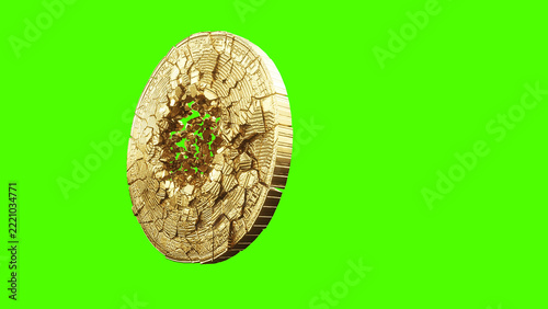 Golden Bitcoin Coin Slowly Disintegrating into Tiny Particles on Green Screen. 3 rendering.
