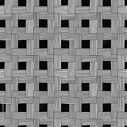A seamless pattern featuring interlocking woven lines and black squares in a black and white vector design.