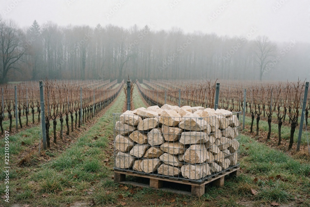 Naklejka premium Pallet of natural stones sits in vineyard on foggy morning. Large rocks in metal crate ready for masonry work building stone wall. Heavy construction material sits on grass near grape vines in rural