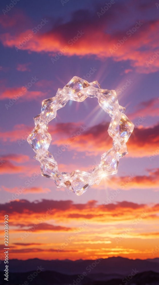 Fototapeta premium Surreal crystal ring floats in vibrant sunset sky. Transparent diamond shape glows against colorful clouds, orange horizon. Dreamy fantasy landscape with mystical light, magic atmosphere. Abstract