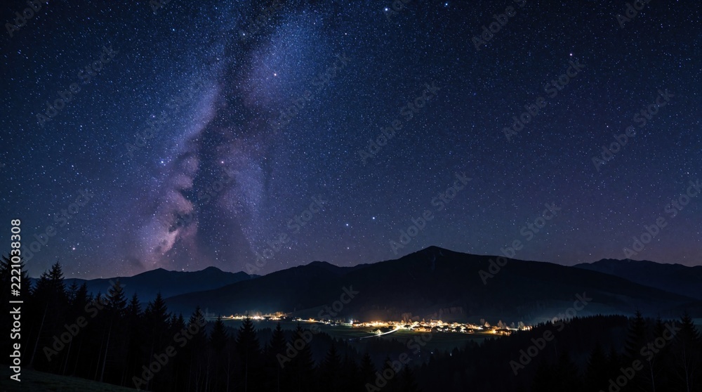 Fototapeta premium Starry night sky with Milky Way galaxy over dark mountain silhouette. Small village lights glow in valley below pine forest. Beautiful cosmic landscape shows bright stars, nebula, peaceful mountain