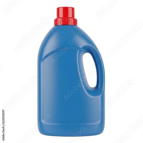 Blue plastic detergent bottle with red cap