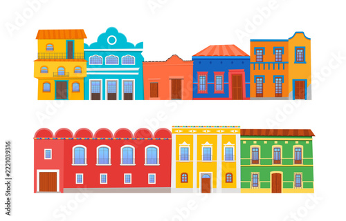 Cartoon Color Traditional Mexican Town Street with Houses Concept Flat Design Style. Vector illustration of Panorama Buildings