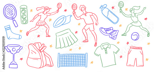 Paddle Tennis and Players Sport Elements Symbols Thin Line Set Hand Drawn Doodle Style. Vector illustration