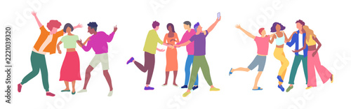 Cartoon Color Characters Young People Fun Celebrate Concept Flat Design Style. Vector illustration of Joy Team