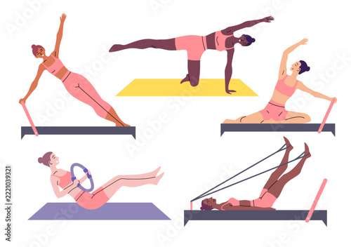 Cartoon Color Character Girl and Pilates Reformer Workout Set Training Concept Flat Design Style Symbol. Vector illustration