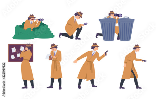 Cartoon Color Character Person Detective Woman Set Investigation Crime Concept Flat Design Style . Vector illustration