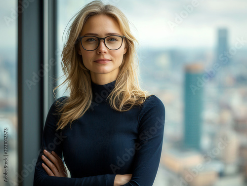 Confident young white woman in black rectangular glasses and a navy ribbed turtleneck, arms crossed beside a high-rise window overlooking a softly blurred city skyline.