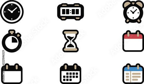 Minimalist icons featuring clocks, calendars, and hourglass for time concepts.