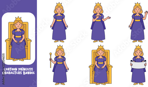 Cartoon princess characters in various poses flat vector illustration on white background