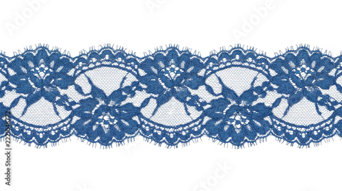 Elegant blue lace trim with floral pattern isolated on a clean white background for design