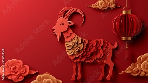Red paper goat with curled horns and lantern for Chinese New Year decoration