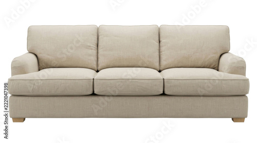 Fotografie Modern three seater sofa with beige fabric upholstery isolated on a clean white