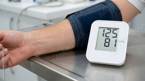 electronic blood pressure monitor screen showing numeric test results on medical table