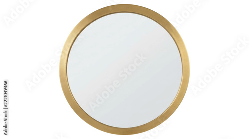 Elegant round wall mirror with a brushed brass metal frame isolated on a clean white background