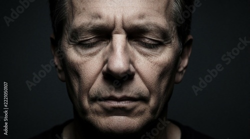 Close up portrait of middle aged man with intense facial expression. Adult male suffers from severe stress, anxiety, mental pain. Tense jaw, closed eyes show deep emotional distress, psychological