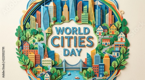World cities day concept with paper cut buildings and text in a circular arrangement showcasing urban life