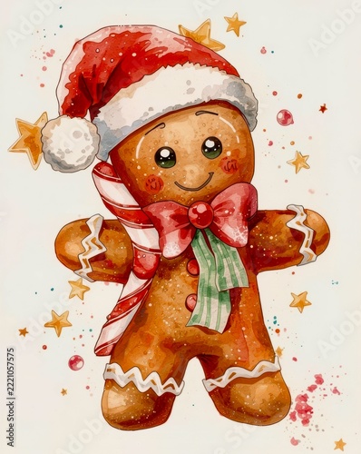 Cute gingerbread man wears festive red hat and scarf