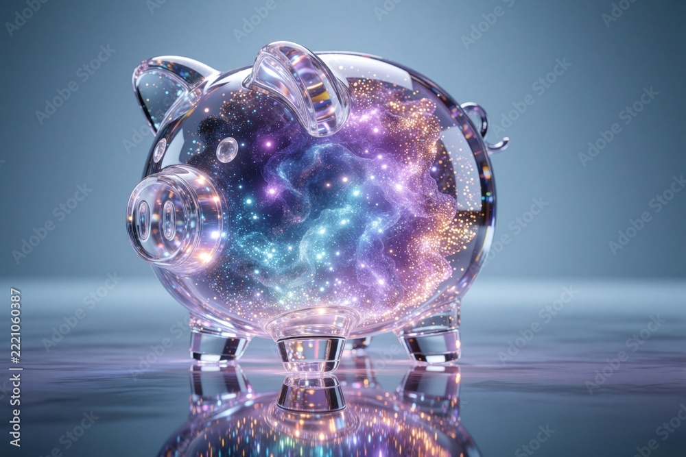 Fototapeta premium Futuristic glass piggy bank filled with glowing cosmic particles, nebula lights. Digital money box shows sparkling galaxy inside. Abstract concept of wealth investment, financial technology, crypto
