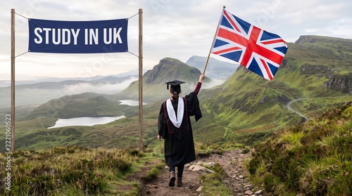 Graduate in cap and gown walking mountain trail while raising Union Jack flag beneath Study in UK banner.