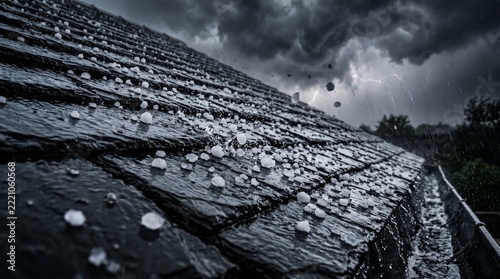 Close-up of hailstones scattered across slate roof with dark stormy sky overhead.