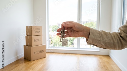 Hand holds house keys with a home shaped keychain inside a new empty apartment.