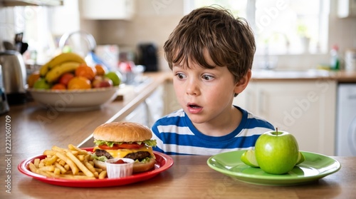 Surprised boy looking at cheeseburger with fries and green apple on kitchen counter, healthy eating choice.