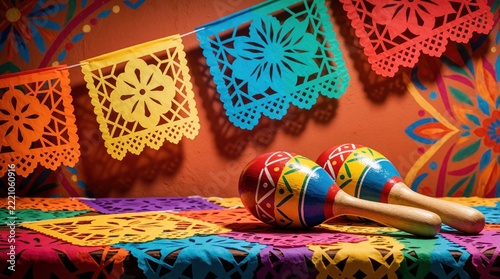 Colorful papel picado banners, traditional maracas decorate for Hispanic Heritage Month celebration. Festive Mexican paper flags hang over bright percussion instruments. Cultural ornaments create