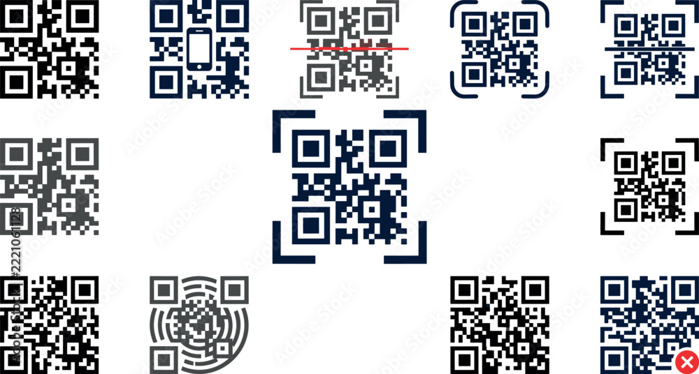 Fototapeta premium QR Code and Barcode Scanner Icons Vector Set Quick Response Code with Mobile Smartphone Red Laser Scan Line Viewfinder Frame Target Circular Maze Pattern and Scan Error Warning