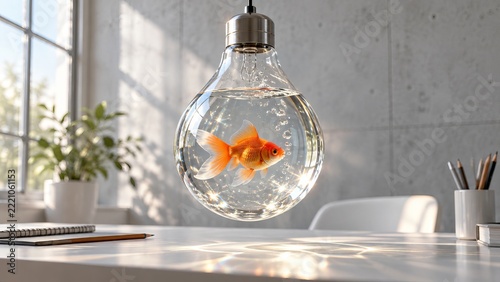 Goldfish swimming inside a large hanging lightbulb filled with water in a minimalist office
