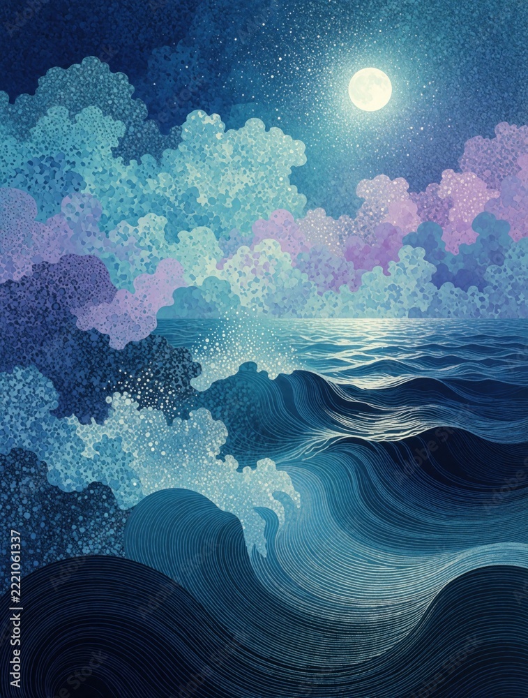 Fototapeta premium Abstract moonlit ocean waves under night sky with fluffy clouds. Blue, purple seascape illustration features textured water ripples, bright full moon. Dreamy maritime landscape with stipple art style