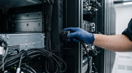 Technician hand connecting cable into server hardware for expert data center maintenance with focused professional work in computer facility