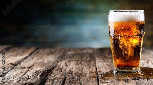 This refreshing glass of beer, cold and frosty, invites the viewer to quench their thirst, highlighting the exciting colors and crispness of the beverage in a rustic setting.