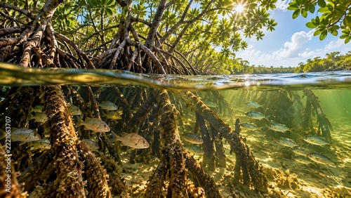 Juvenile fish sheltering among mangrove roots in shallow brackish estuary water