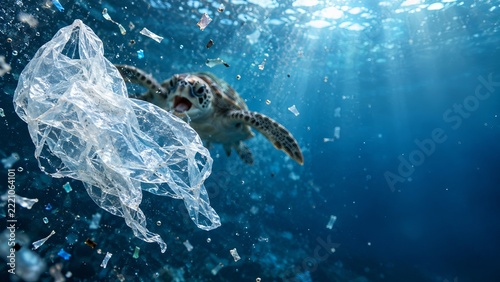 Plastic bag drifting like a jellyfish toward a sea turtle in open ocean water