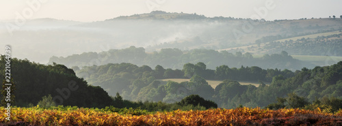 Beautiful landscape image over Stanton Moor in Summer Heather sunrise