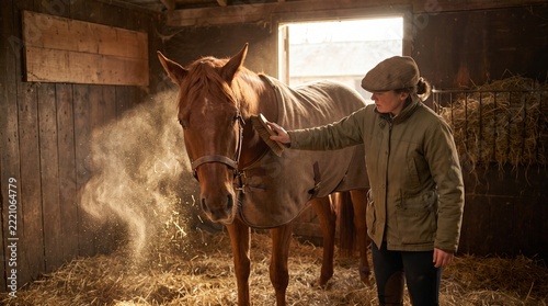Stable hand brushing the flank of a chestnut horse in long strokes as dust lifts into a shaft of light in a timber stable