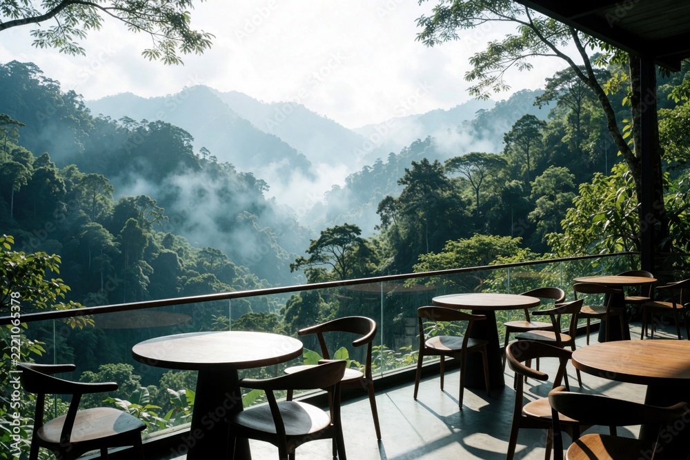 Fototapeta premium Outdoor cafe patio with wooden tables, chairs on balcony. View of misty green forest mountains, tropical jungle landscape. Peaceful restaurant terrace overlooking foggy valley during bright daylight.