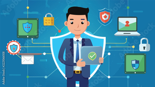 Professional businessman holding a tablet with cybersecurity shield icons representing digital data protection and network safety