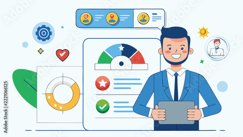 Professional businessman holding tablet with digital customer experience and performance metrics dashboard in a flat vector illustration