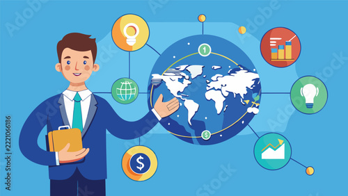 Professional businessman presenting global business strategy with digital network icons and world map illustration on blue background