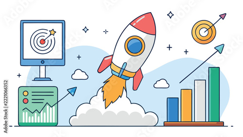Startup business growth concept featuring a rocket launch with financial charts and target icons in a modern flat vector illustration style