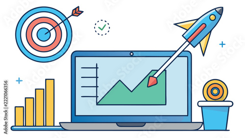 Business growth concept with a rocket launching from a laptop screen showing a rising financial chart and target icon for marketing strategy