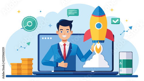 Professional businessman launching a startup project with a rocket ship icon on a laptop screen in a flat vector illustration style