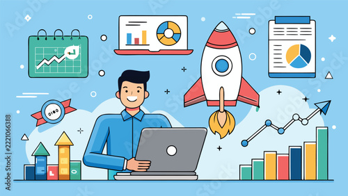 Young professional working on a laptop with business growth charts, rocket launch, and data analytics icons on a blue background