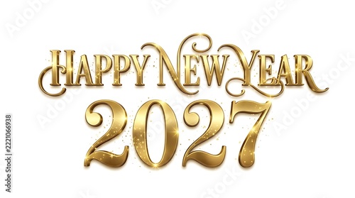 A beautiful gold happy new year 2027 text design isolated on a white background perfect for seasonal holiday greeting cards and festive party invitations
