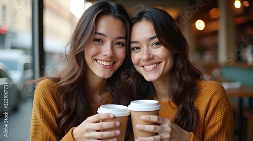 Two smiling young women, with long dark hair, enjoying coffee together in a cozy café, radiating warmth and friendship.